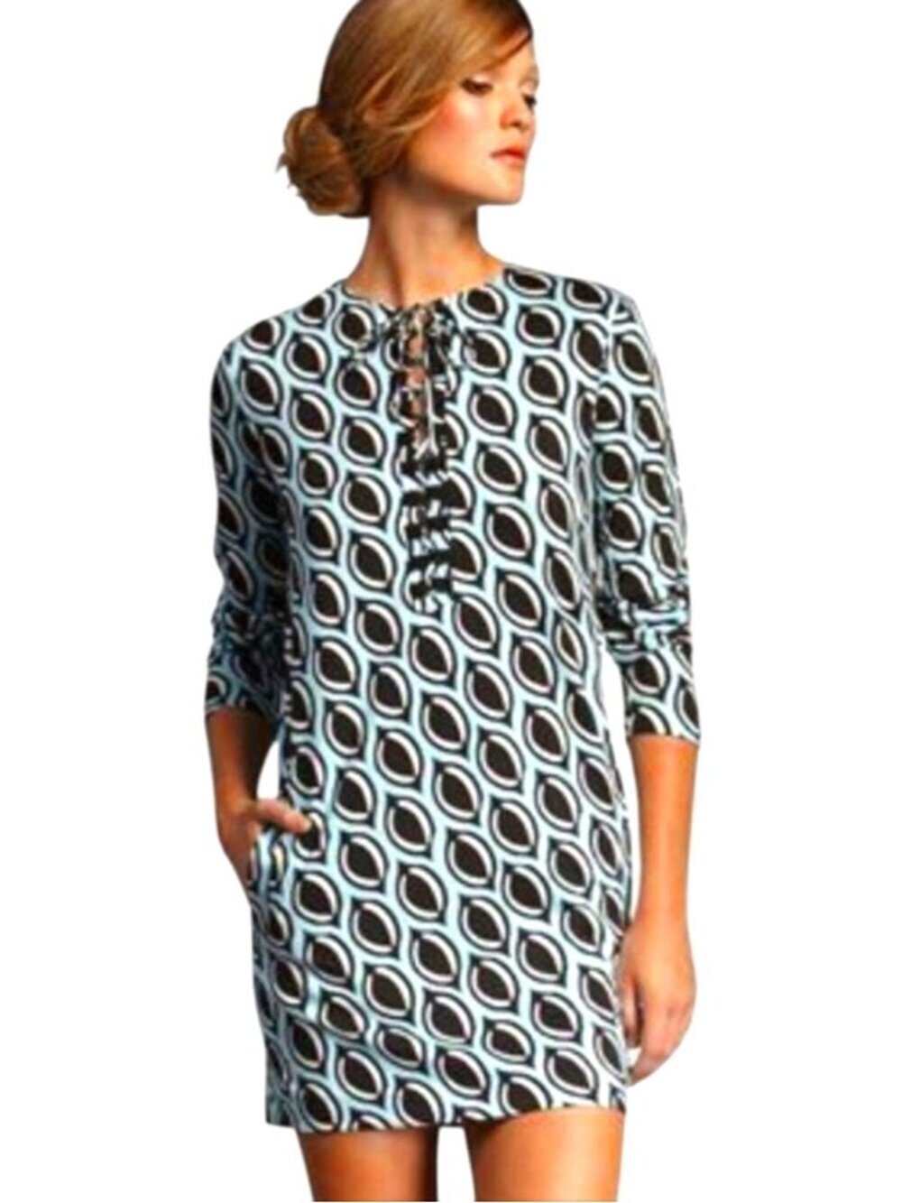Diane Von Furstenberg Silk‎ Geometric Print Lace-Up Mini Dress Size 4 Blue Black